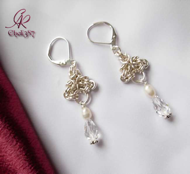 Bridal byzantine sterling silver pearls swarovski earrings